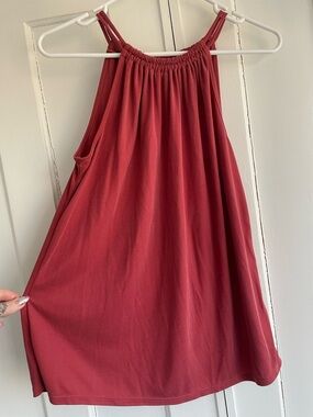 Green Envelope Rust Red Gathered Neck Halter Tank Top Shirt MEDIUM Slinky & Luxe